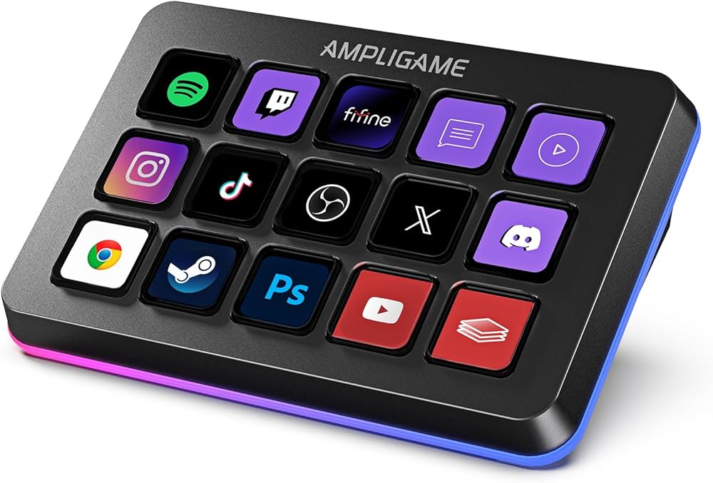 The fifine Control Deck — a 15-key macro keypad with per-key LCD keys and RGB edge lighting