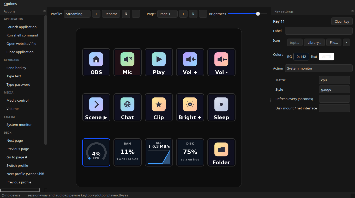 Editing a key: icon, colours, label, the assigned action, and the optional press-and-hold action