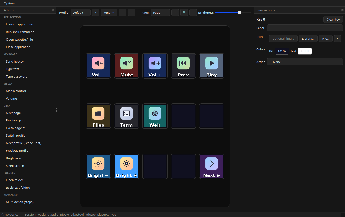Configuration GUI: actions catalog, the live key grid, and the key-settings panel